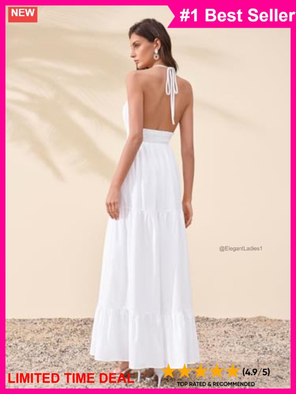 Floral Halter V Neck Ruffle Smocked Flowy Maxi Dress Boho Beach Sundress - Picture 3 of 5